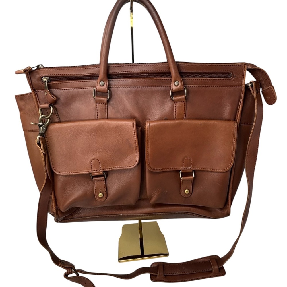 Vintage Eddie Bauer Brown Leather Briefcase Messenger Bag 2 Front Pockets
